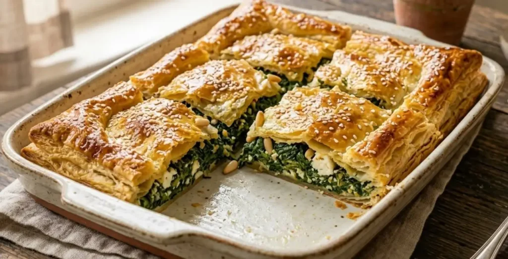 Torta salata di pasta sfoglia dorata ripiena di spinaci verdi e feta sbriciolata, tagliata a fette su un tagliere di legno.