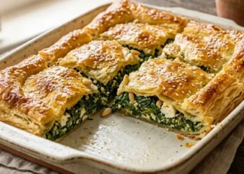 Torta salata di pasta sfoglia dorata ripiena di spinaci verdi e feta sbriciolata, tagliata a fette su un tagliere di legno.