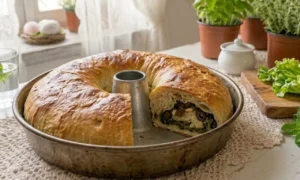 tortano-di-scarole-napoletano-tradizionale Tortano di scarole napoletano nel tipico stampo a ciambella (ruoto), con una fetta tagliata che mostra il ripieno di scarole, olive, capperi e pinoli, su un tavolo shabby chic.