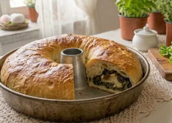 Tortano di scarole napoletano nel tipico stampo a ciambella (ruoto), con una fetta tagliata che mostra il ripieno di scarole, olive, capperi e pinoli, su un tavolo shabby chic.