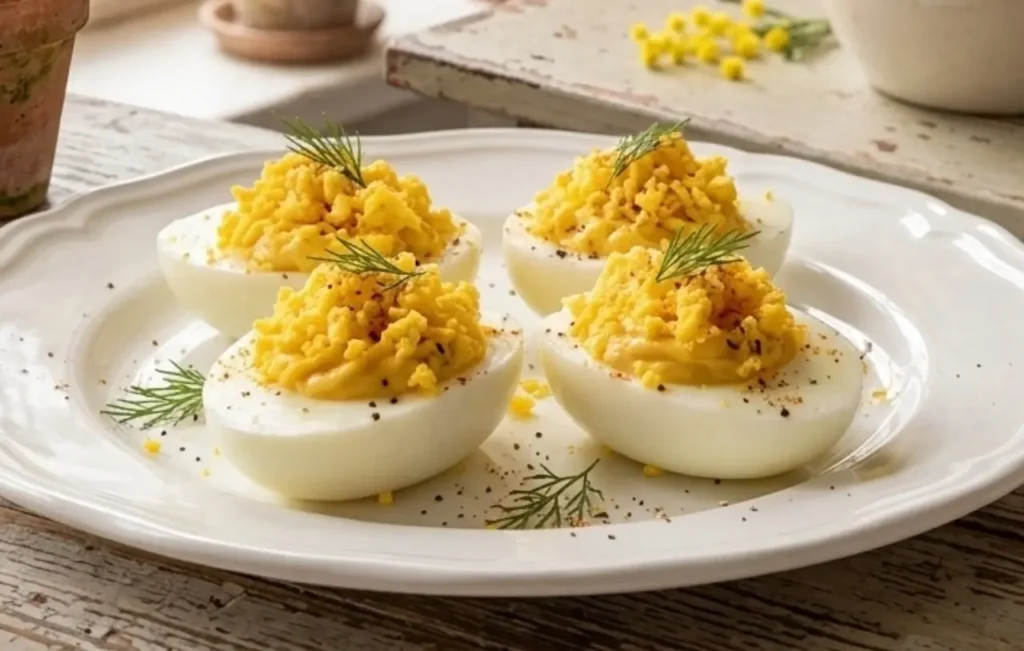 Quattro metà di uova mimosa farcite con crema gialla e tuorlo sbriciolato su un piatto bianco, sfondo cucina shabby chic con fiori di mimosa e luce naturale.