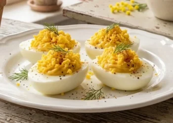 Quattro metà di uova mimosa farcite con crema gialla e tuorlo sbriciolato su un piatto bianco, sfondo cucina shabby chic con fiori di mimosa e luce naturale.