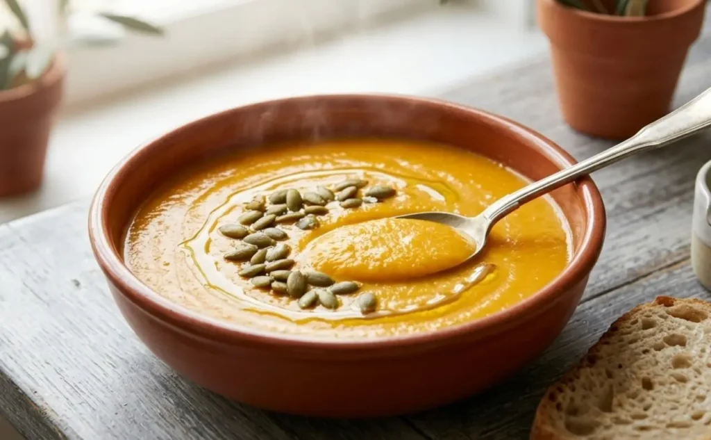 vellutata-carote-patate-cremosa-salutare Primo piano di una vellutata di carote e patate densa e cremosa in una ciotola di terracotta. Guarnizione con semi di zucca, olio EVO a crudo e un cucchiaio d'argento. Pane rustico e luce naturale sullo sfondo.