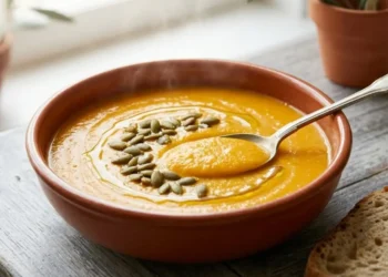 Primo piano di una vellutata di carote e patate densa e cremosa in una ciotola di terracotta. Guarnizione con semi di zucca, olio EVO a crudo e un cucchiaio d'argento. Pane rustico e luce naturale sullo sfondo.