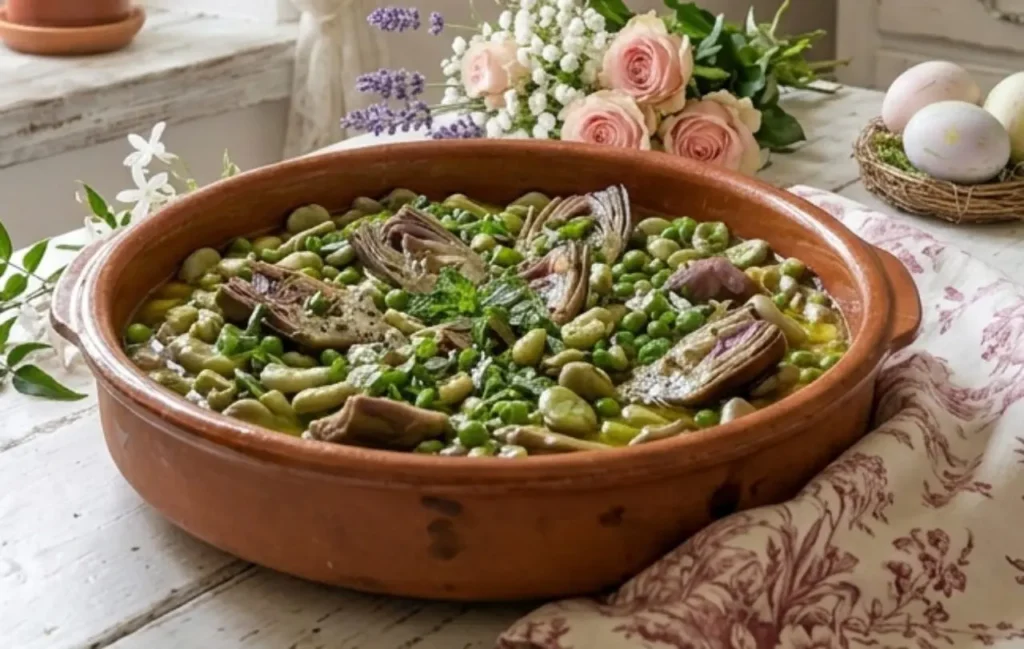 vignarola-napoletana-cucina-shabby-chic Una ciotola di terracotta piena di vignarola napoletana, un ricco stufato di fave, piselli e carciofi, posta su un tavolo di legno in una cucina shabby chic romantica e primaverile.