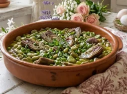 Una ciotola di terracotta piena di vignarola napoletana, un ricco stufato di fave, piselli e carciofi, posta su un tavolo di legno in una cucina shabby chic romantica e primaverile.