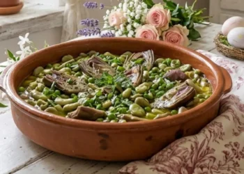 Una ciotola di terracotta piena di vignarola napoletana, un ricco stufato di fave, piselli e carciofi, posta su un tavolo di legno in una cucina shabby chic romantica e primaverile.