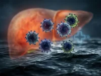 Rappresentazione concettuale del virus dell'epatite A che fluttua in acque contaminate con fegato infiammato in sottofondo.