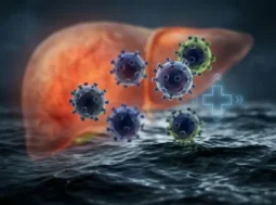virus-epatite-a-fegato-contaminazione-acqua Rappresentazione concettuale del virus dell'epatite A che fluttua in acque contaminate con fegato infiammato in sottofondo.