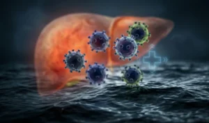 Rappresentazione concettuale del virus dell'epatite A che fluttua in acque contaminate con fegato infiammato in sottofondo.