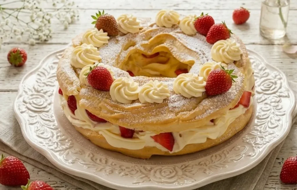 Grande zeppolone di pasta choux farcito con crema chantilly diplomatica e fragole fresche su un vassoio di ceramica decorata in una cucina luminosa stile shabby chic.