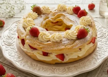 Grande zeppolone di pasta choux farcito con crema chantilly diplomatica e fragole fresche su un vassoio di ceramica decorata in una cucina luminosa stile shabby chic.