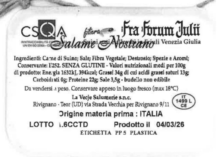 etichetta salame richiamato ministero della salute