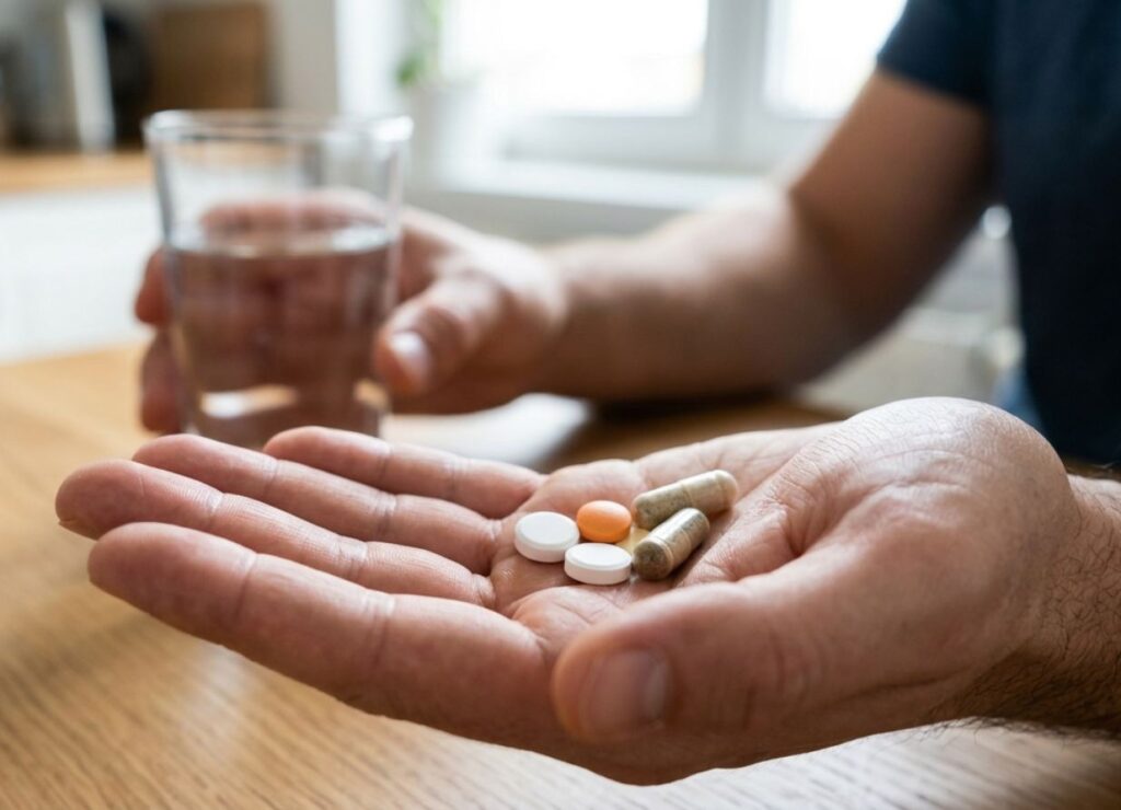 Primo piano di una mano che tiene diverse capsule e compresse di integratori con un bicchiere d'acqua sfocato sullo sfondo in una cucina.