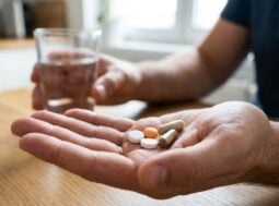 Primo piano di una mano che tiene diverse capsule e compresse di integratori con un bicchiere d'acqua sfocato sullo sfondo in una cucina.