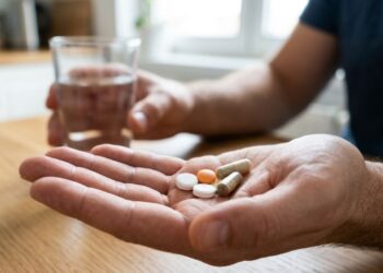 Primo piano di una mano che tiene diverse capsule e compresse di integratori con un bicchiere d'acqua sfocato sullo sfondo in una cucina.