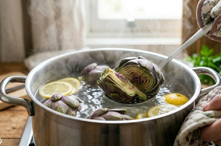 Carciofi puliti a spicchi che bollono in una pentola con fette di limone.