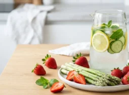 Composizione di cibi detox di aprile con asparagi freschi, fragole e caraffa di acqua aromatizzata al limone e cetriolo per sgonfiare la pancia dopo Pasqua.