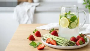 Composizione di cibi detox di aprile con asparagi freschi, fragole e caraffa di acqua aromatizzata al limone e cetriolo per sgonfiare la pancia dopo Pasqua.