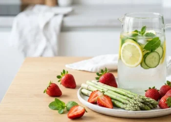 Composizione di cibi detox di aprile con asparagi freschi, fragole e caraffa di acqua aromatizzata al limone e cetriolo per sgonfiare la pancia dopo Pasqua.