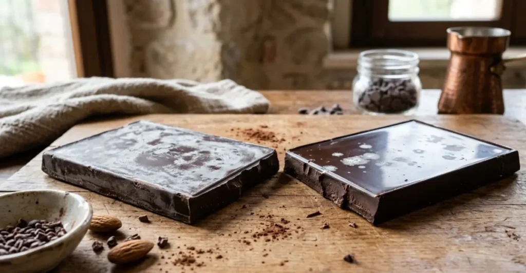 Perché il cioccolato diventa bianco: confronto bloom Confronto tra due tavolette di cioccolato: una con patina bianca (fioritura del burro di cacao) e una lucida e perfetta.