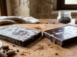 Confronto tra due tavolette di cioccolato: una con patina bianca (fioritura del burro di cacao) e una lucida e perfetta.