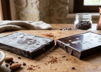 Confronto tra due tavolette di cioccolato: una con patina bianca (fioritura del burro di cacao) e una lucida e perfetta.