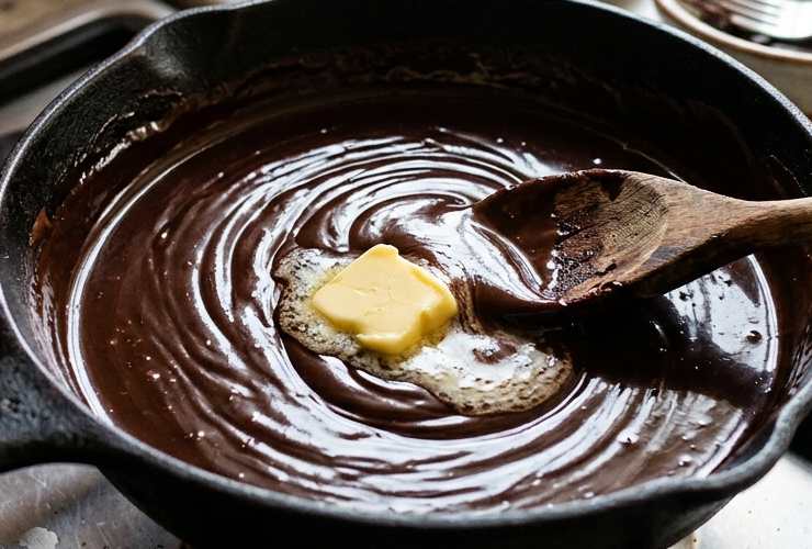 Quando il cioccolato è del tutto fuso spegniamo la fiamma e uniamo il burro. Mescoliamo fino a sciogliere e riversiamo una porzione di cioccolato fuso nella teglia, spalmando con una spatola per ricoprire l’intera base. Mettiamo la teglia in frigo a rassodare;