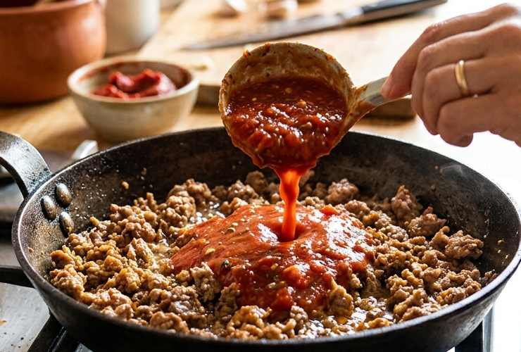 Quando la carne sarà ormai quasi cotta uniamo la passata di pomodoro, mescoliamo e copriamo col coperchio. Facciamo cuocere altri venti minuti, rimescolando e unendo un goccio d’acqua se dovesse servire. Andiamo quindi a salare a nostro gusto;
