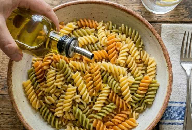 Scoliamo la pasta e riversiamola in una ciotola capiente per poi condirla con un giro generoso di olio d’oliva e mescolare. Lasciamo raffreddare rimescolando di tanto in tanto;