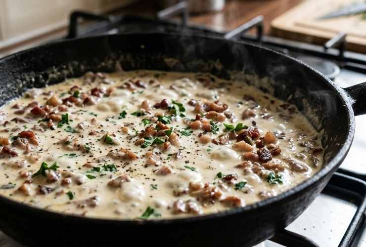 Uniamo lo speck sminuzzato, soffriggiamo un paio di minuti e poi accorpiamo la panna da cucina. Mescoliamo a fiamma dolce qualche istante e spegniamo la fiamma aggiustando il sale e insaporendo con pepe a nostro gusto;