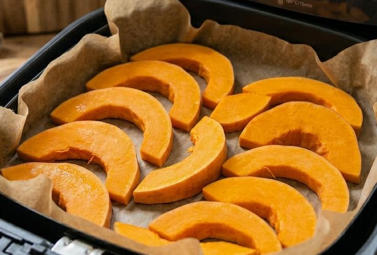 Mescoliamo assicurandoci che ogni singola fetta sia inumidita e preriscaldiamo la friggitrice ad aria per un paio di minuti, poi sistemiamo le fette nel cestello cercando di non sovrapporle troppo;