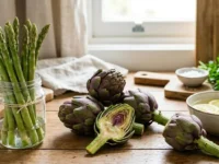 Asparagi freschi in un barattolo d'acqua e carciofi tagliati con limone su un tavolo di legno.