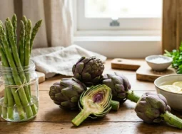 Asparagi freschi in un barattolo d'acqua e carciofi tagliati con limone su un tavolo di legno.