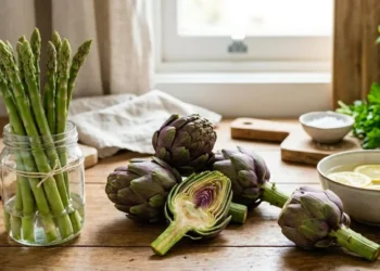 Asparagi freschi in un barattolo d'acqua e carciofi tagliati con limone su un tavolo di legno.