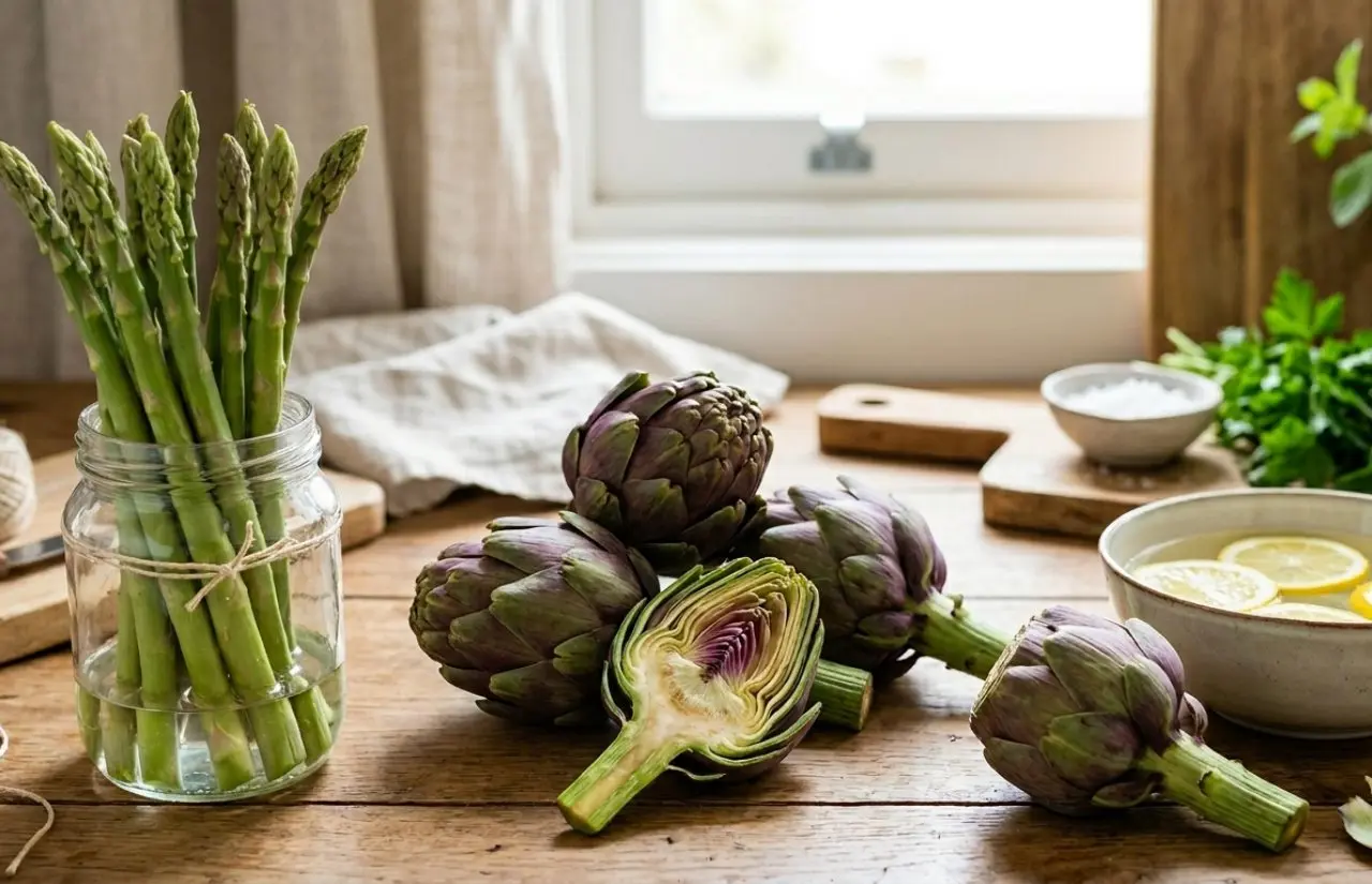 Asparagi freschi in un barattolo d'acqua e carciofi tagliati con limone su un tavolo di legno.