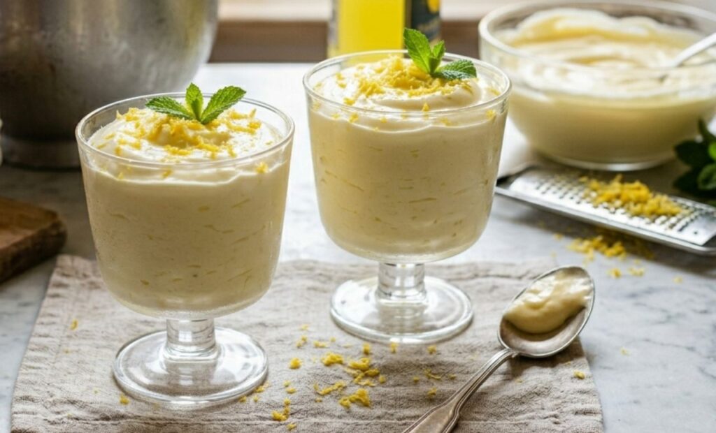 Due bicchierini di vetro con crema al limoncello e mascarpone, guarniti con scorza di limone e menta, disposti su un piano di marmo luminoso con una bottiglia di limoncello sullo sfondo.