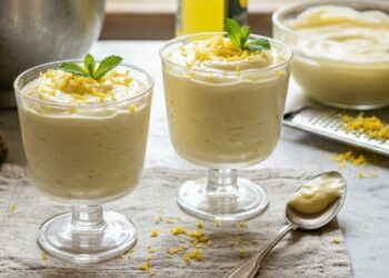 Due bicchierini di vetro con crema al limoncello e mascarpone, guarniti con scorza di limone e menta, disposti su un piano di marmo luminoso con una bottiglia di limoncello sullo sfondo.
