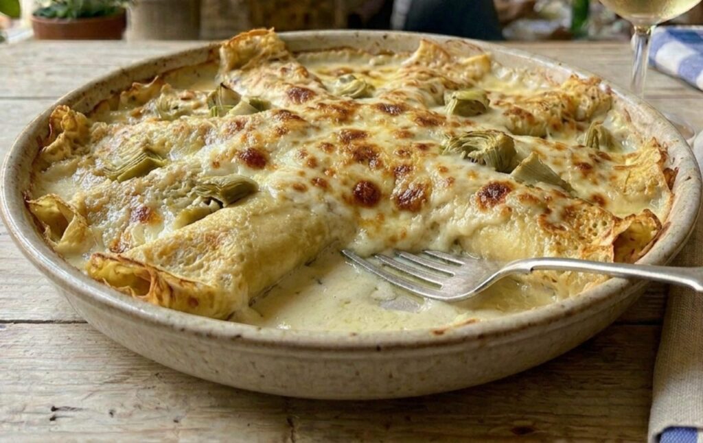 Pirofila rustica con crespelle sottili e dorate ai carciofi, servite con besciamella e gratinate al forno, con ripieno cremoso e carciofi ben visibili.
