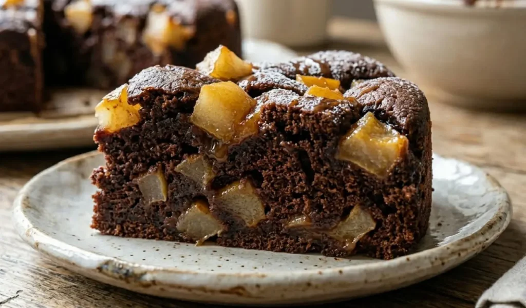 Primo piano macro di una fetta di torta al cioccolato fondente con grandi pezzi di pere caramellate visibili all'interno dell'impasto soffice e umido.