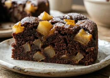 Primo piano macro di una fetta di torta al cioccolato fondente con grandi pezzi di pere caramellate visibili all'interno dell'impasto soffice e umido.