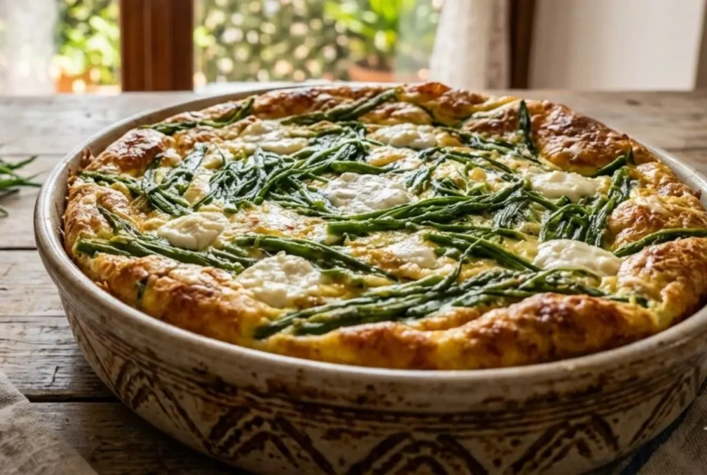 Frittata di agretti al forno alta e soffice con ricotta e pecorino servita su tavolo in legno rustico
