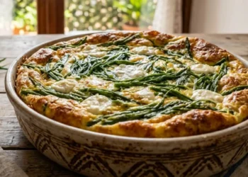 Frittata di agretti al forno alta e soffice con ricotta e pecorino servita su tavolo in legno rustico