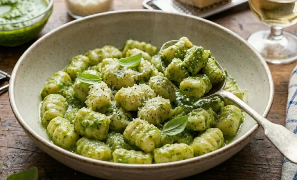 Un piatto di gnocchi di ricotta morbidi e lisci conditi con pesto di basilico verde brillante, guarniti con parmigiano grattugiato e foglie di basilico fresco su una tavola di legno.