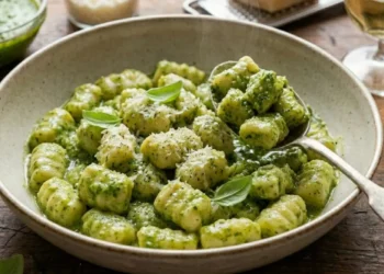 Un piatto di gnocchi di ricotta morbidi e lisci conditi con pesto di basilico verde brillante, guarniti con parmigiano grattugiato e foglie di basilico fresco su una tavola di legno.