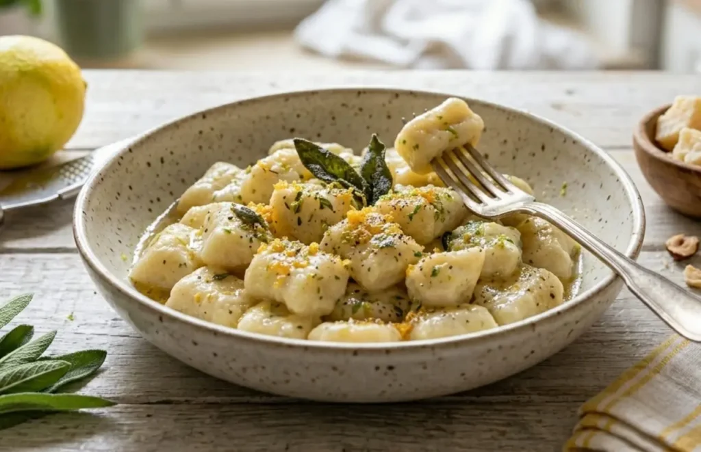 Gnocchi di ricotta e limone saporiti e riccamente nappati in una salsa di burro nocciola vellutata, guarniti con scorza di limone grossolana, pepe nero e scaglie di Parmigiano Reggiano.