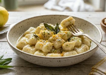 Gnocchi di ricotta e limone saporiti e riccamente nappati in una salsa di burro nocciola vellutata, guarniti con scorza di limone grossolana, pepe nero e scaglie di Parmigiano Reggiano.