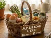 Cesto di vimini con spesa di Pasqua (uova, asparagi, burro, latte) e cartello in legno con scritto Supermercati Aperti 5 e 6 aprile.