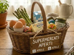 Cesto di vimini con spesa di Pasqua (uova, asparagi, burro, latte) e cartello in legno con scritto Supermercati Aperti 5 e 6 aprile.