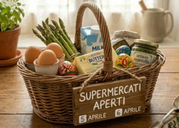 Cesto di vimini con spesa di Pasqua (uova, asparagi, burro, latte) e cartello in legno con scritto Supermercati Aperti 5 e 6 aprile.